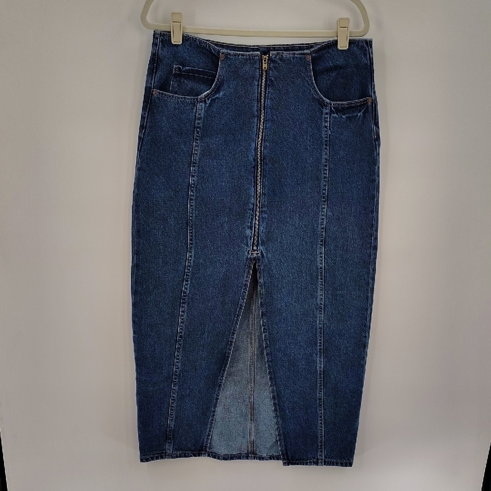 Old Navy Midi Jean Skirt Mid Rise Size 10 Zip Front No Waist Band 100 Cotton